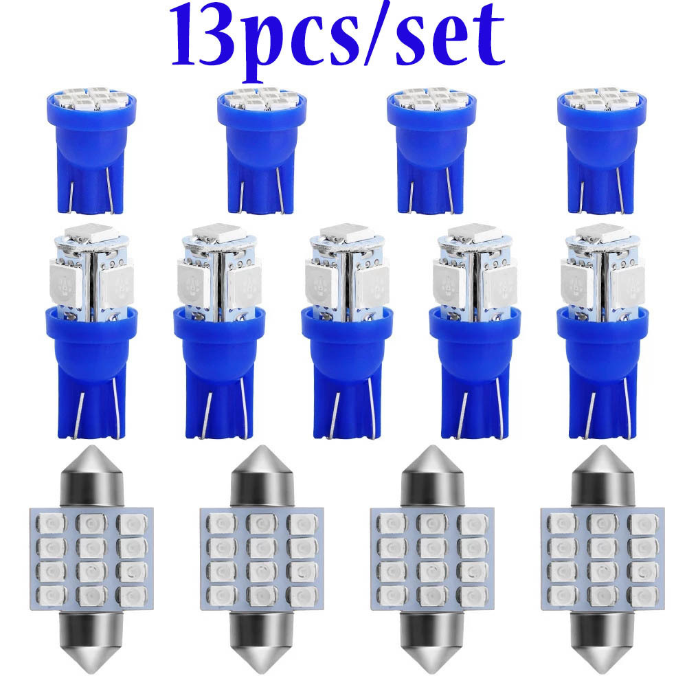 13pcs/set 6500K White Blue 5SMD /12SMD/ 8SMD Car LED Bulbs 31mm C5W Doom Light T10 W5W Map Reading Light License Plate Lamp Bulb