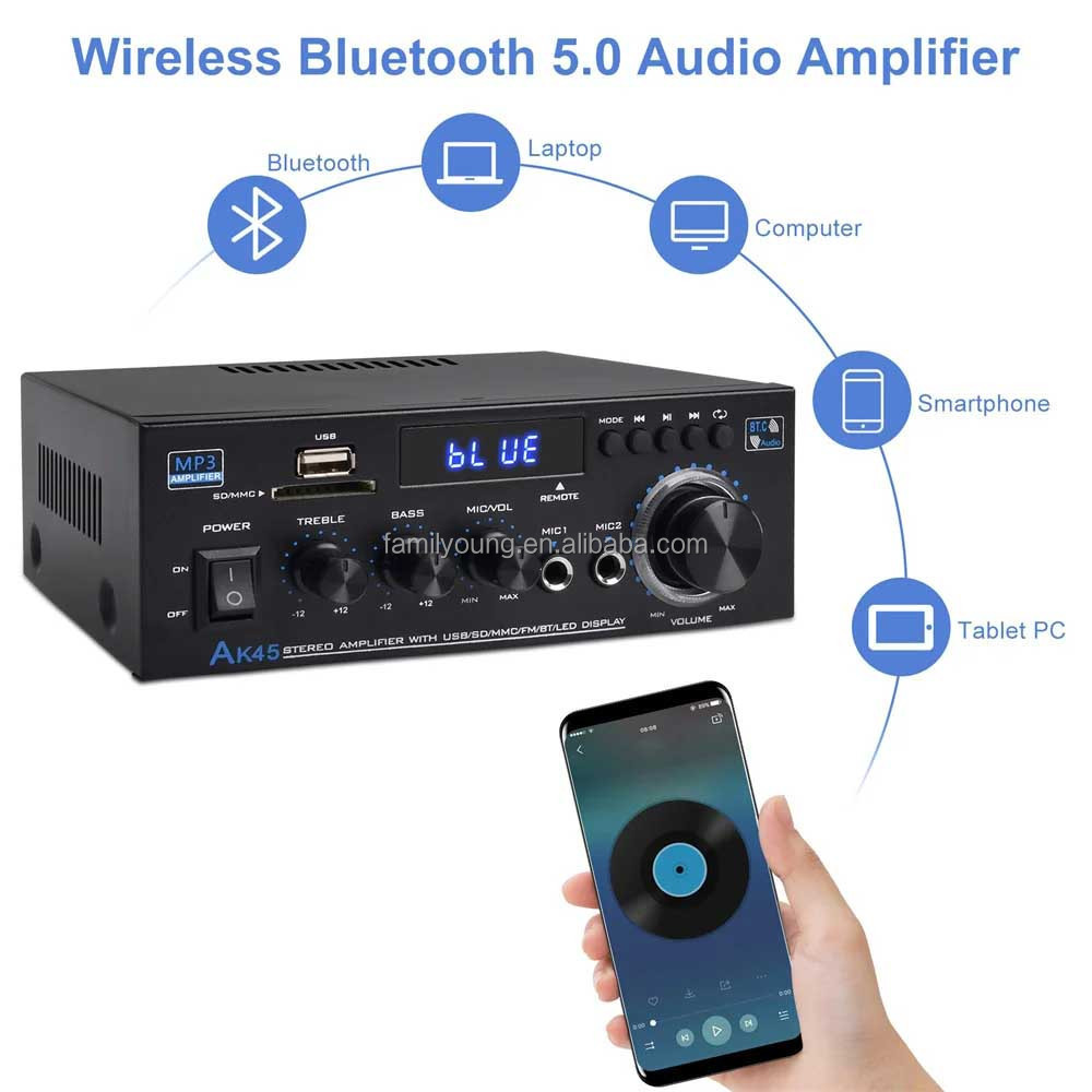 AK45 Digital Amplifier 2 Channel Wireless Stereo Audio HiFi Amplifier Theater Stereo Receiver for Home Speaker FM Radio