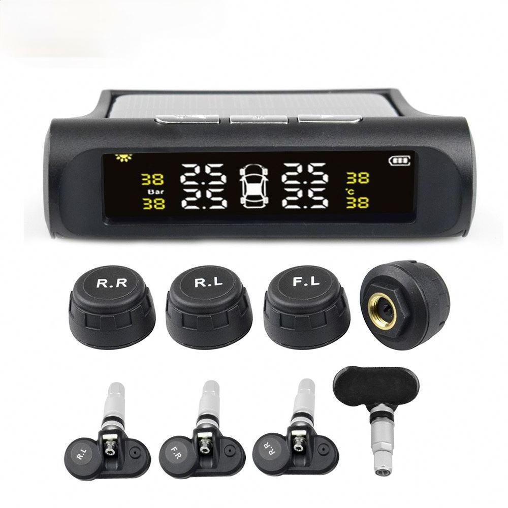 Tire Pressure Solar Power Tpms Car Pressure Monitoring System Lcd 4 External Internal Sensors For Suv Temperature Warning