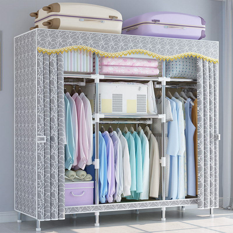 Simple Cloth Wardrobe with Zipper Steel Home Furniture Fabric Bedroom Furniture Modern 1 Set Foldable Wardrobe for Clothes