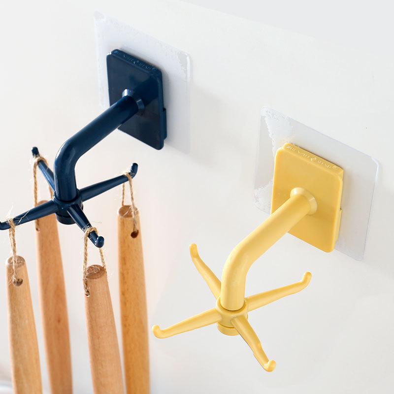 Hole-Free Swivel Hook Kitchen Utensils Storage Rack Bathroom Wall Four Hook Towel Rack Wall Storage Hook