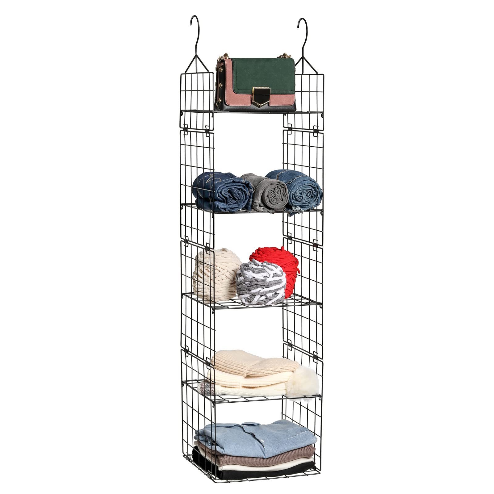 Chemailon Metal Wire Hanging Closet Organizer: adjustable height 5-shelf storage for wardrobe clothing