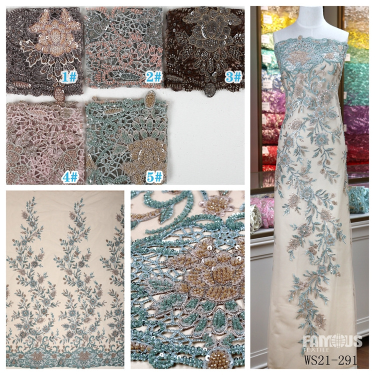 2022 Designer Luxury Wedding Dress Fabric Machine Beads Embroidery Beaded Lace Fabric