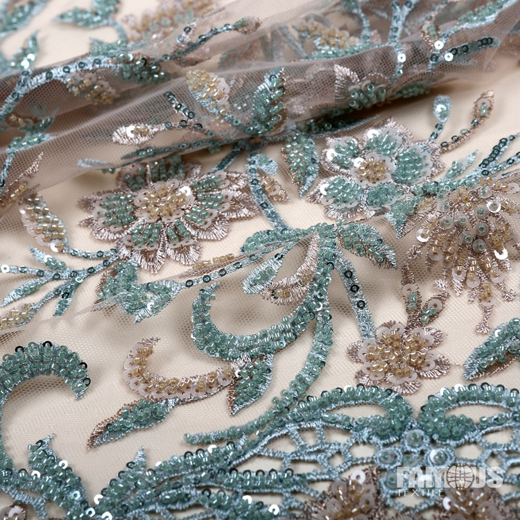 2022 Designer Luxury Wedding Dress Fabric Machine Beads Embroidery Beaded Lace Fabric