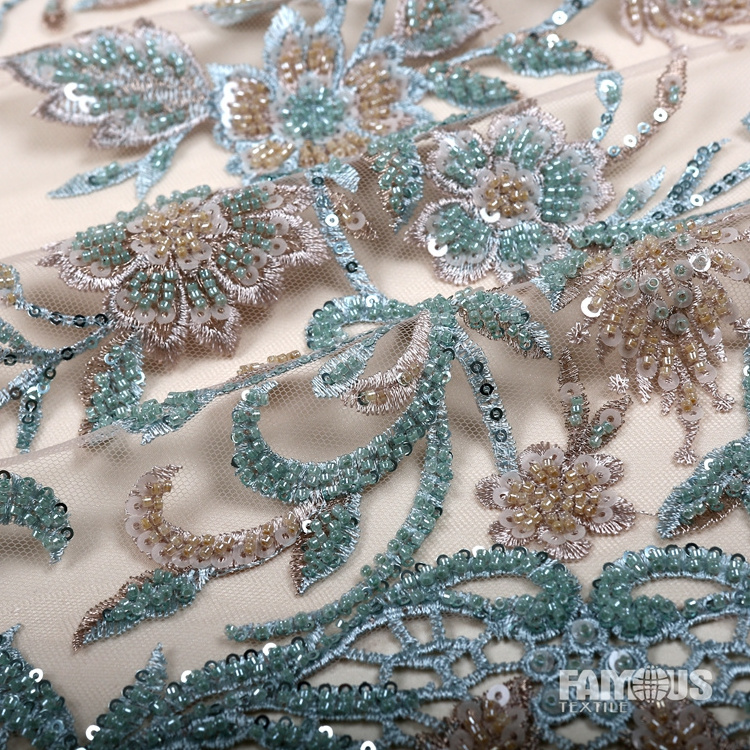 2022 Designer Luxury Wedding Dress Fabric Machine Beads Embroidery Beaded Lace Fabric