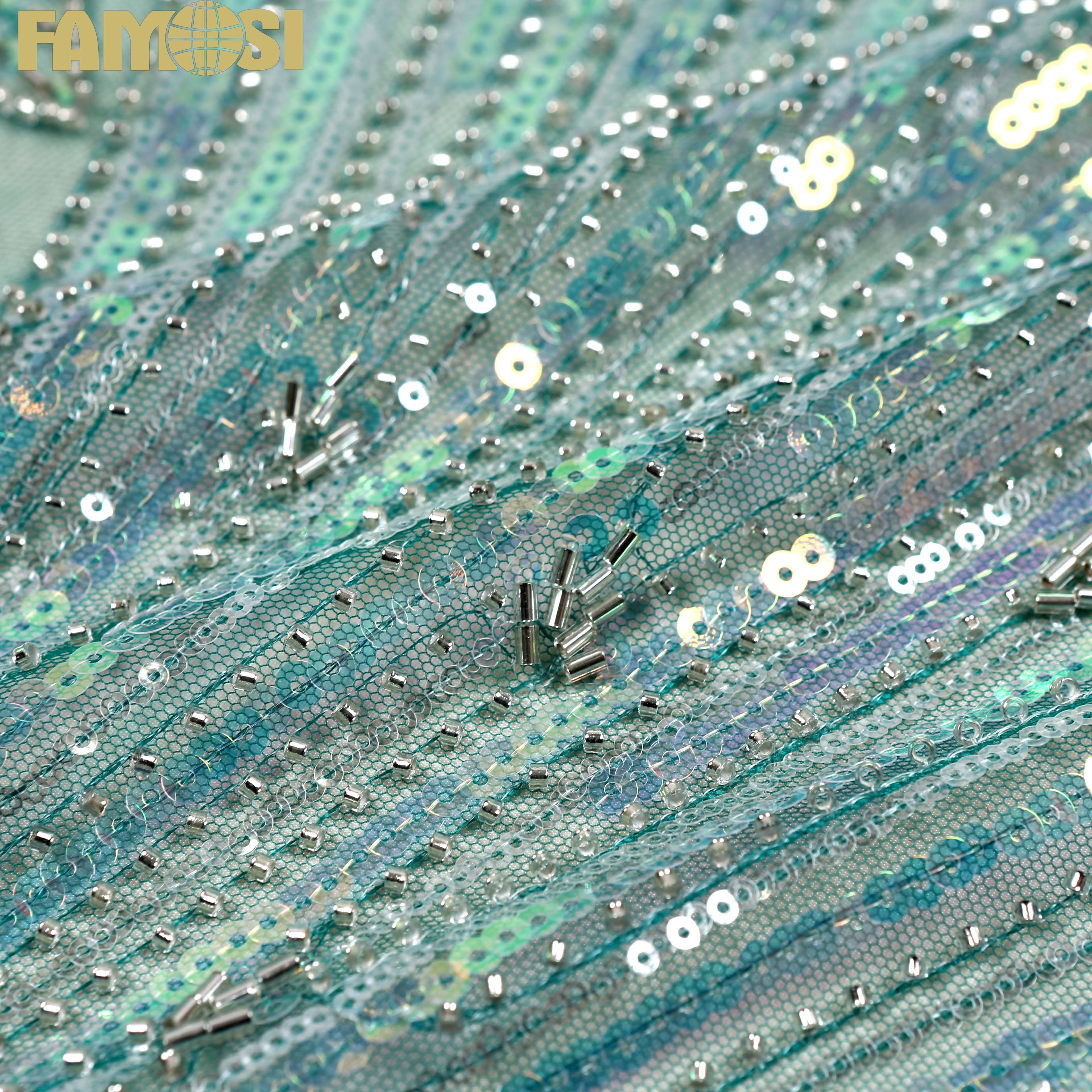 Fast delivery floral embroidery lace mesh 100% polyester machine beaded sequin embroidery fabric for wedding dress