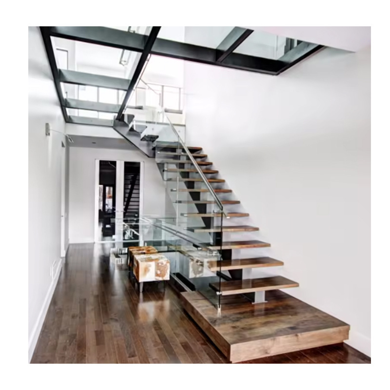 Cheap Design Walnut Slab Granite Loft Indoor Folding Wood Stairs Floating Straight Stairs Staircase