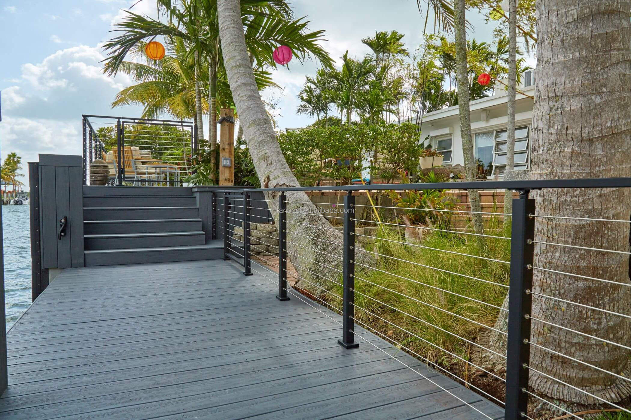 wooden veranda Cable Wire Railing with Black Post Side Mounted Balcony diy cable deck railing system