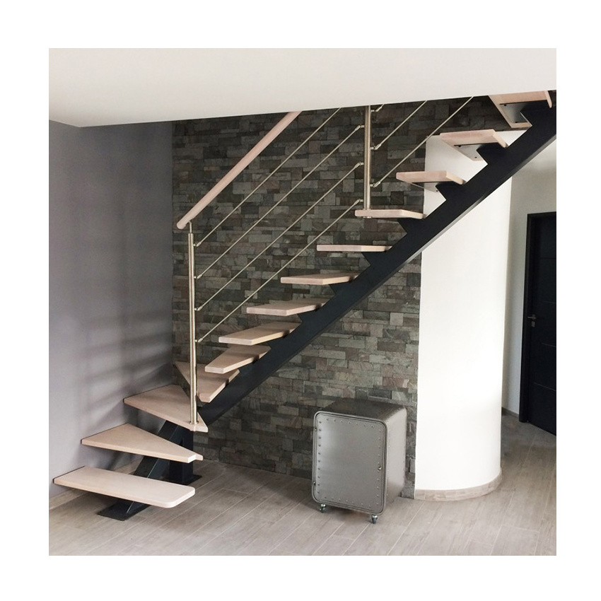 Modern carbon steel stringer white oak floating stairs design customized wooden tread indoor floating staircase