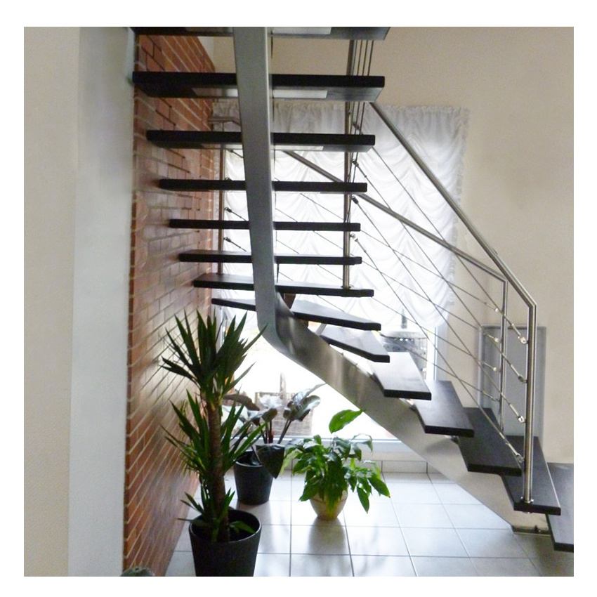 Modern carbon steel stringer white oak floating stairs design customized wooden tread indoor floating staircase