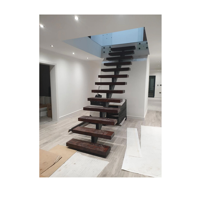 Modern carbon steel stringer white oak floating stairs design customized wooden tread indoor floating staircase