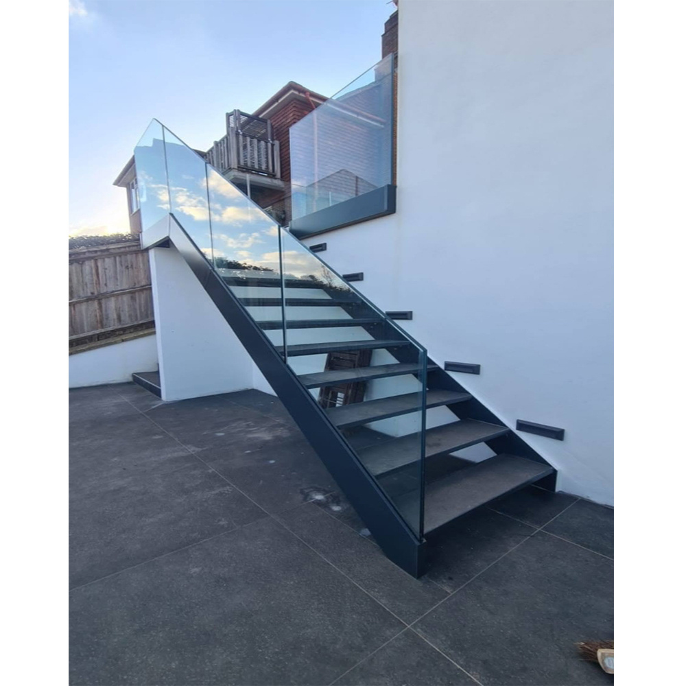 Prefabricated galvanized carbon steel  metal beam stringer stairs outdoor fire escape satin black color steel stairs