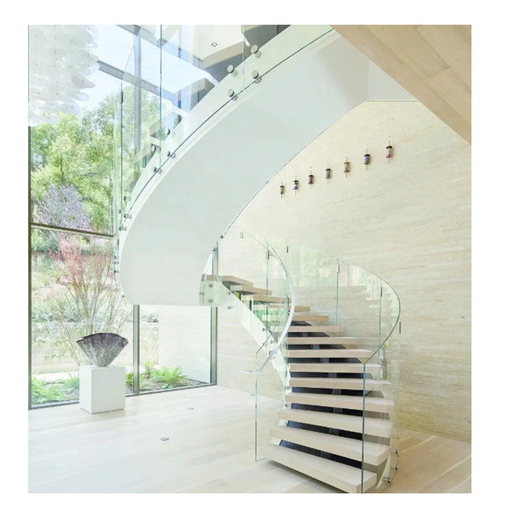 Popular Curved Arc Spiral Staircase Indoor Luxury Modern Home Decoration Glass Wooden Curved Stairs