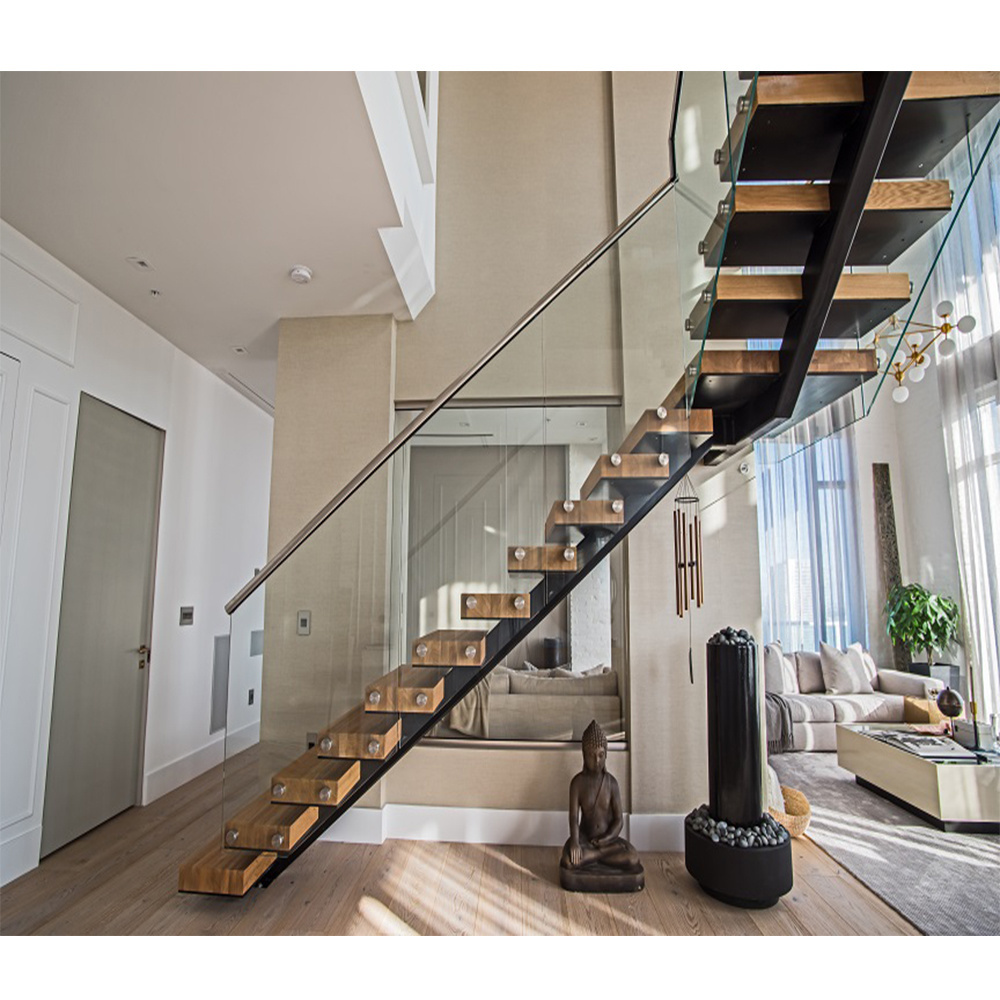 indoor Straight wood tread glass railing Modern Floating Staircase/Prefab led light wood Stair