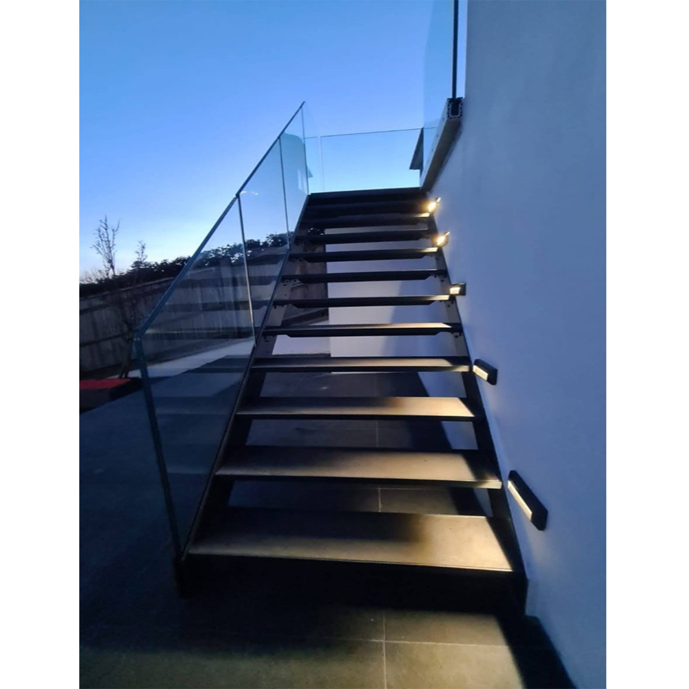 Prefabricated galvanized carbon steel  metal beam stringer stairs outdoor fire escape satin black color steel stairs