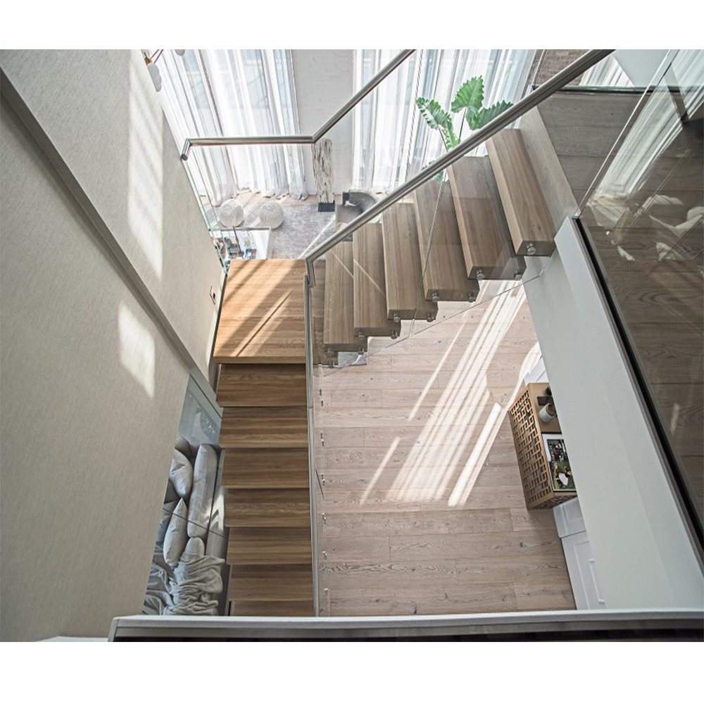 indoor Straight wood tread glass railing Modern Floating Staircase/Prefab led light wood Stair