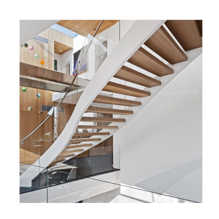 Popular Curved Arc Spiral Staircase Indoor Luxury Modern Home Decoration Glass Wooden Curved Stairs