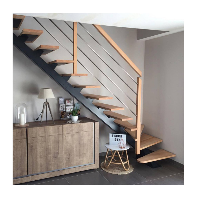 Modern carbon steel stringer white oak floating stairs design customized wooden tread indoor floating staircase