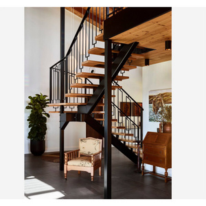 Modern Indoor Stainless Steel Railing Straight Staircase Wood Step Stairs