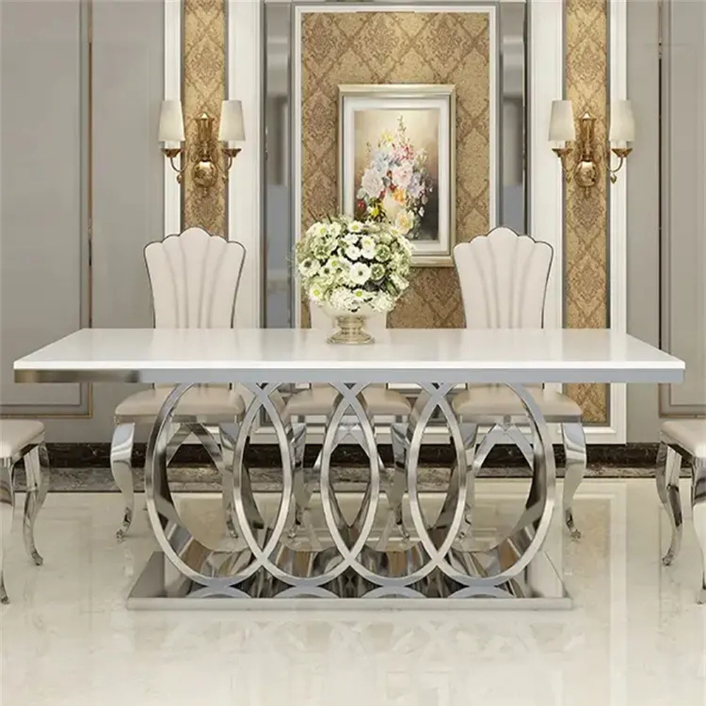 Factory sales modern stainless steel restaurant tables dining table nodic chromed dining tables with chairs in foshan