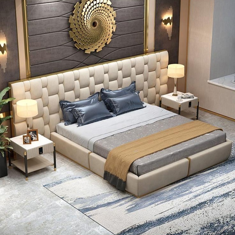 Modern Deluxe Bedroom Leather Bed with Wooden Frame Soft Style