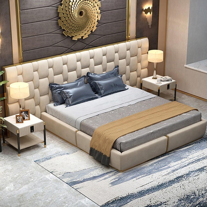 Modern Deluxe Bedroom Leather Bed with Wooden Frame Soft Style