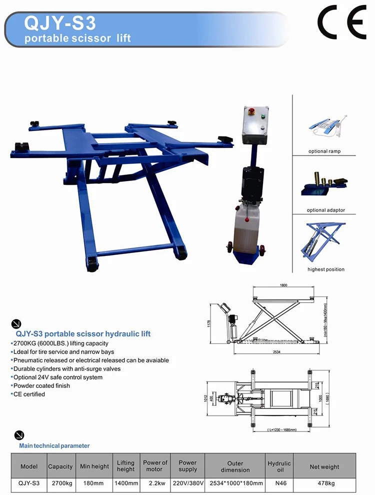 scissor lift hydraulic cylinder 3 ton with ce portable scissor lift