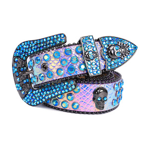 Custom luxury designer bling bling belt studded diamond skull buckles PU leather black cowboy rhinestone belt women men