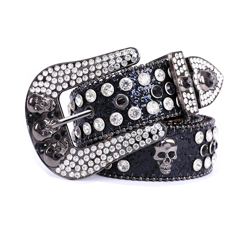 Custom luxury designer bling bling belt studded diamond skull buckles PU leather black cowboy rhinestone belt women men