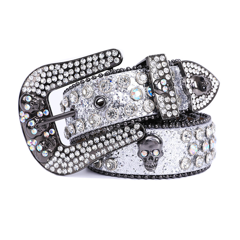 Custom luxury designer bling bling belt studded diamond skull buckles PU leather black cowboy rhinestone belt women men