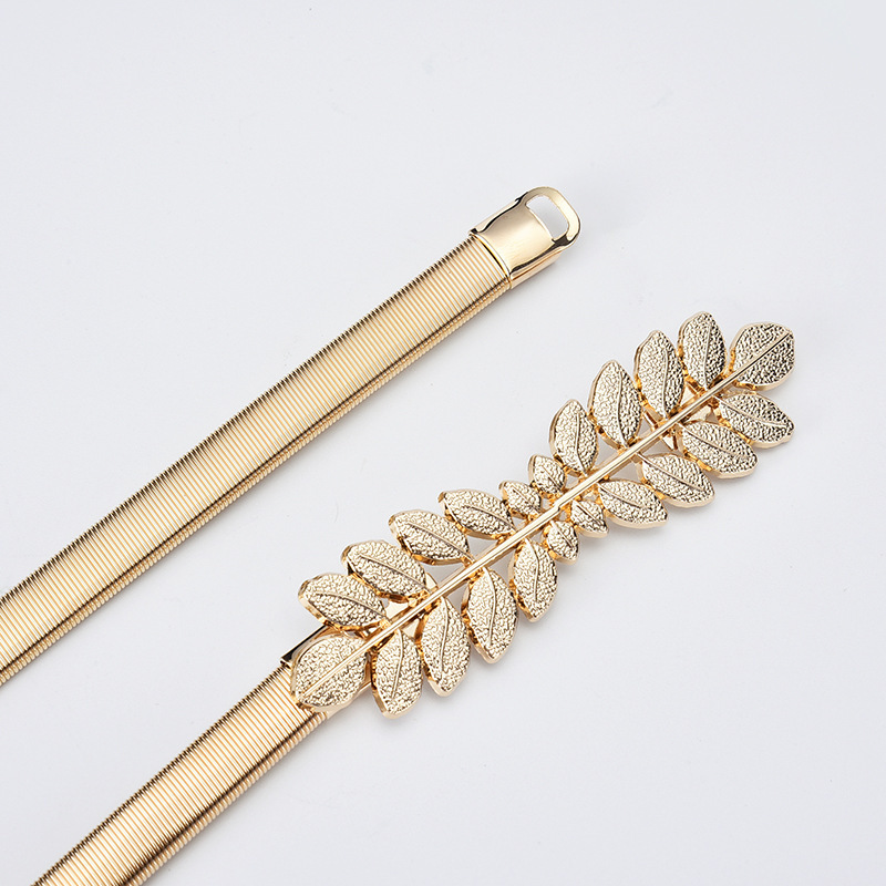 Lady's alloy waist feather shape belt for female girls women's elastic chain waist chain leaf double buckle metal belt