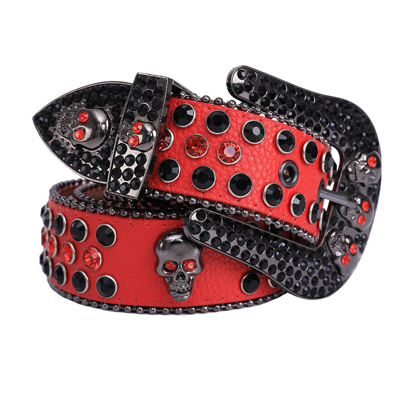 Custom luxury designer bling bling belt studded diamond skull buckles PU leather black cowboy rhinestone belt women men