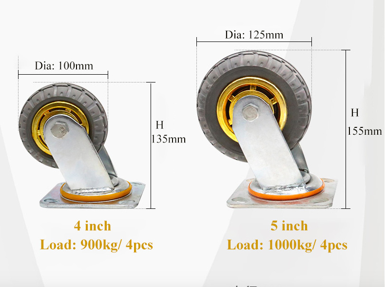 8 inch 500kg Heavy Duty Pneumatic Gray High Elastic Rubber Casters Heavy Duty Industry Casters Wheels