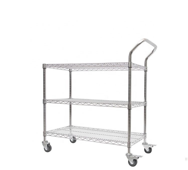 Eco-friendly Chrome Plating Steel Rack Industrial Office Storage Sliding  wire Rack Shelving 4 Layer Display Shelf with Wheels