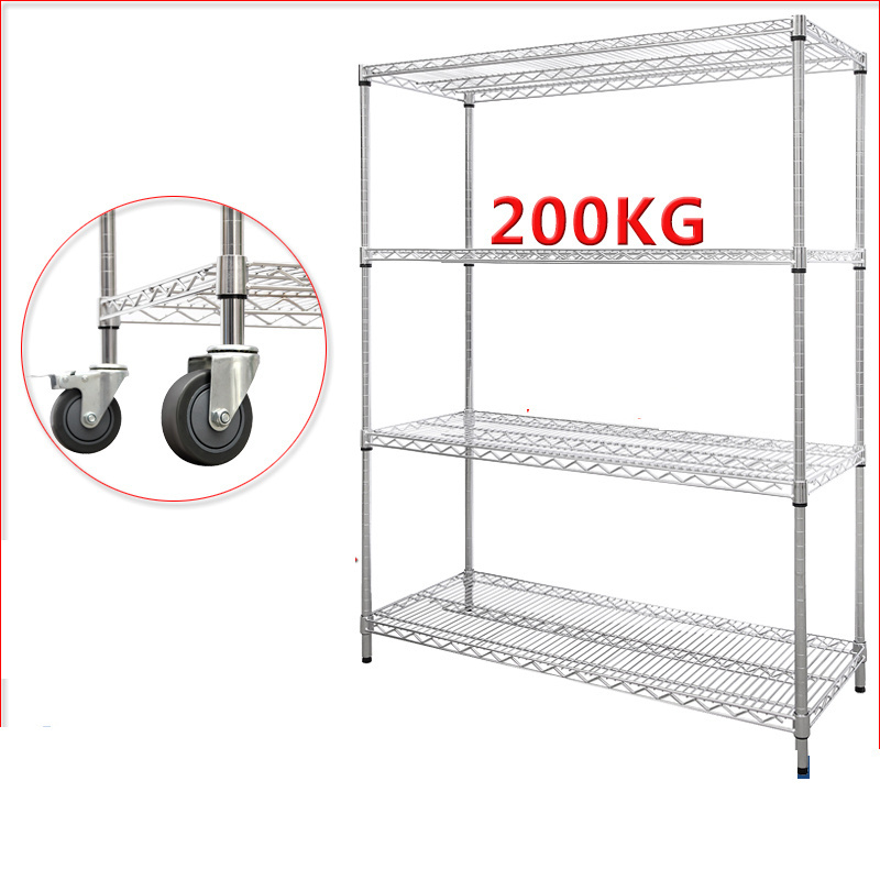 Eco-friendly Chrome Plating Steel Rack Industrial Office Storage Sliding  wire Rack Shelving 4 Layer Display Shelf with Wheels