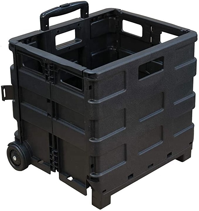 Foldable Rolling Pull Cart with Telescopic Handle Folding Plastic Box with Wheels Collapsible Grocery Shopping Carrier