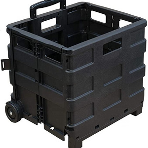 Foldable Rolling Pull Cart with Telescopic Handle Folding Plastic Box with Wheels Collapsible Grocery Shopping Carrier