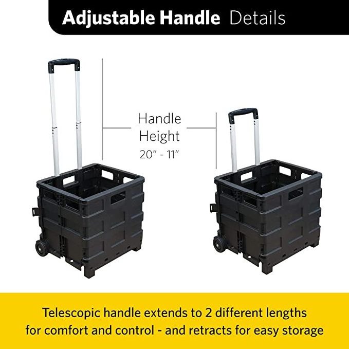 Foldable Rolling Pull Cart with Telescopic Handle Folding Plastic Box with Wheels Collapsible Grocery Shopping Carrier