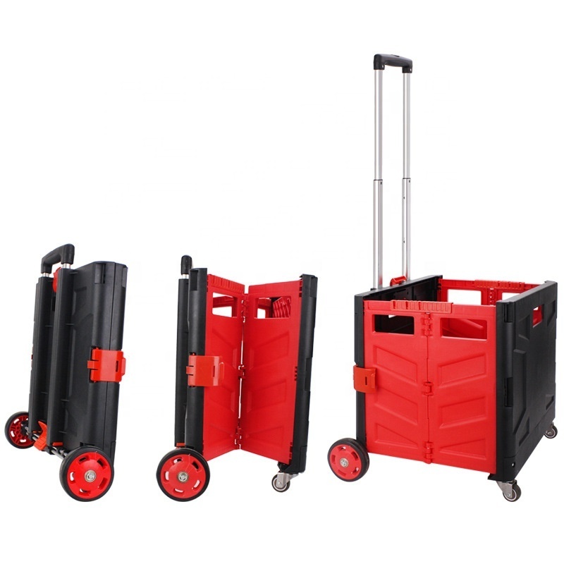 Foldable Rolling Pull Cart with Telescopic Handle Folding Plastic Box with Wheels Collapsible Grocery Shopping Carrier