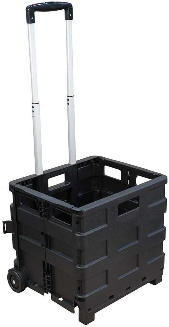 Foldable Rolling Pull Cart with Telescopic Handle Folding Plastic Box with Wheels Collapsible Grocery Shopping Carrier