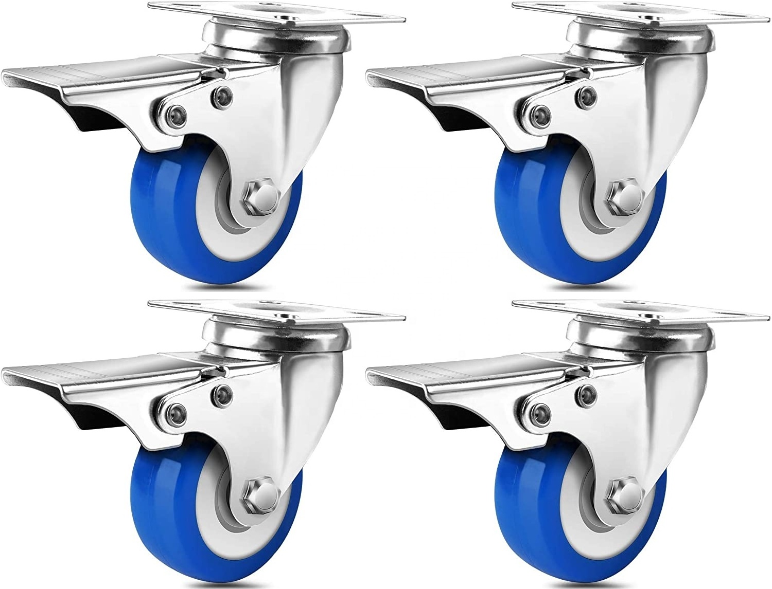 2 Inches Caster Wheels, Light Duty Locking Casters with Brake 360 Degree Swivel No Noise Swivel Plate PU Furniture Caster