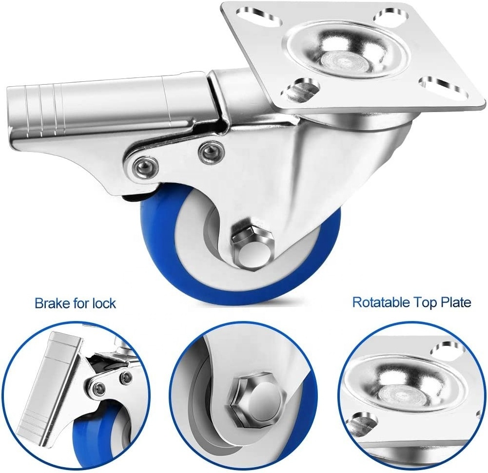 2 Inches Caster Wheels, Light Duty Locking Casters with Brake 360 Degree Swivel No Noise Swivel Plate PU Furniture Caster