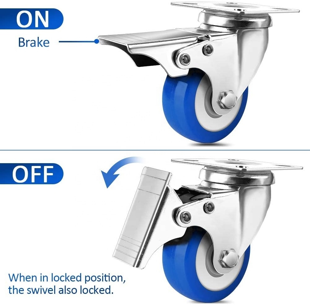 2 Inches Caster Wheels, Light Duty Locking Casters with Brake 360 Degree Swivel No Noise Swivel Plate PU Furniture Caster