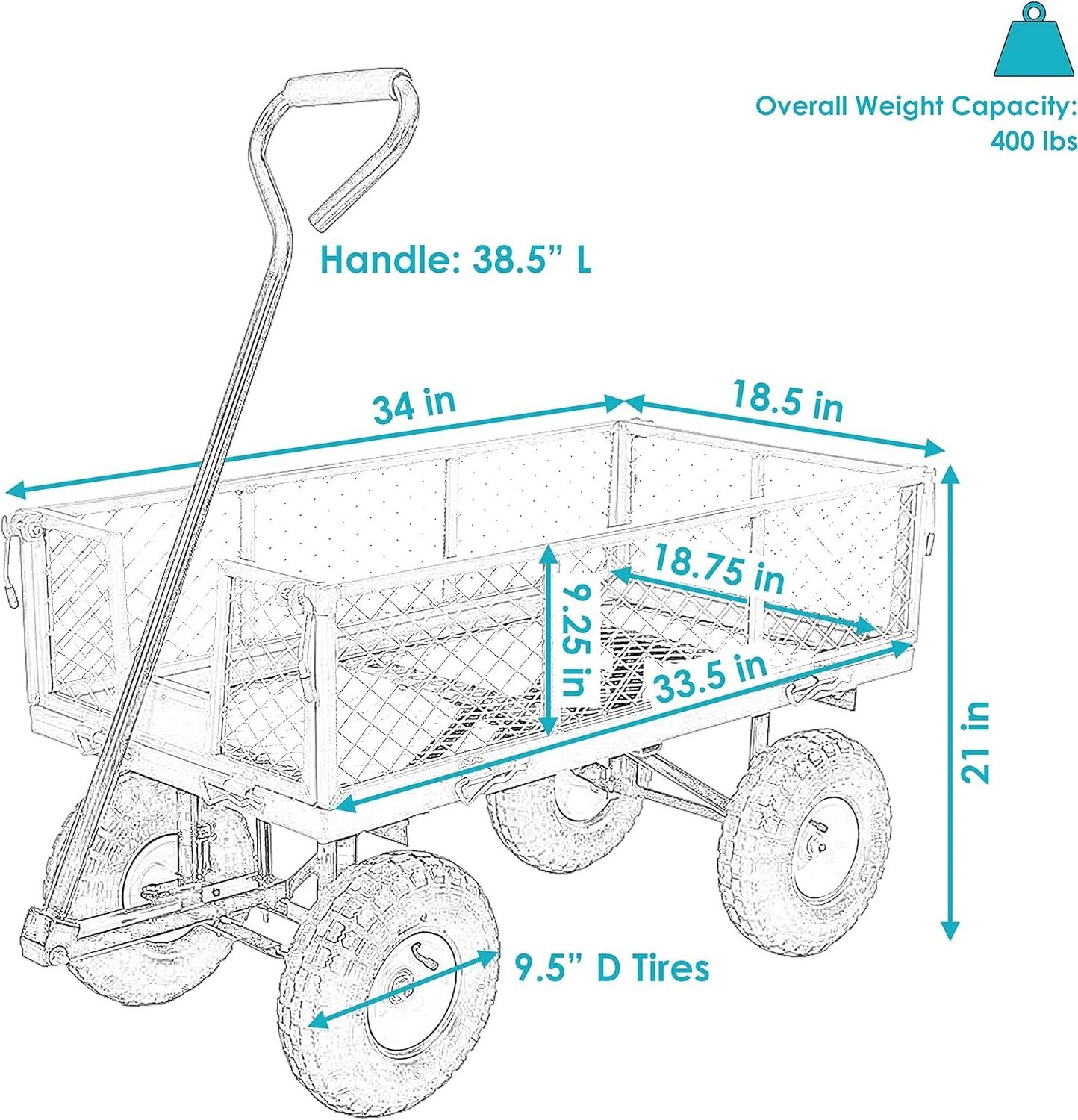 Utility Steel Garden Cart Heavy Duty Mesh Wagon Cart  with Rubber Tire and Removable Sides