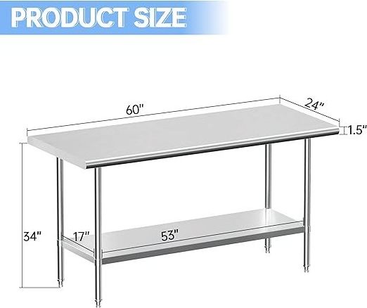 Stainless Steel Work Table, NSF Commercial Worktable with Undershelf and Legs for Restaurant, Home and Hotel