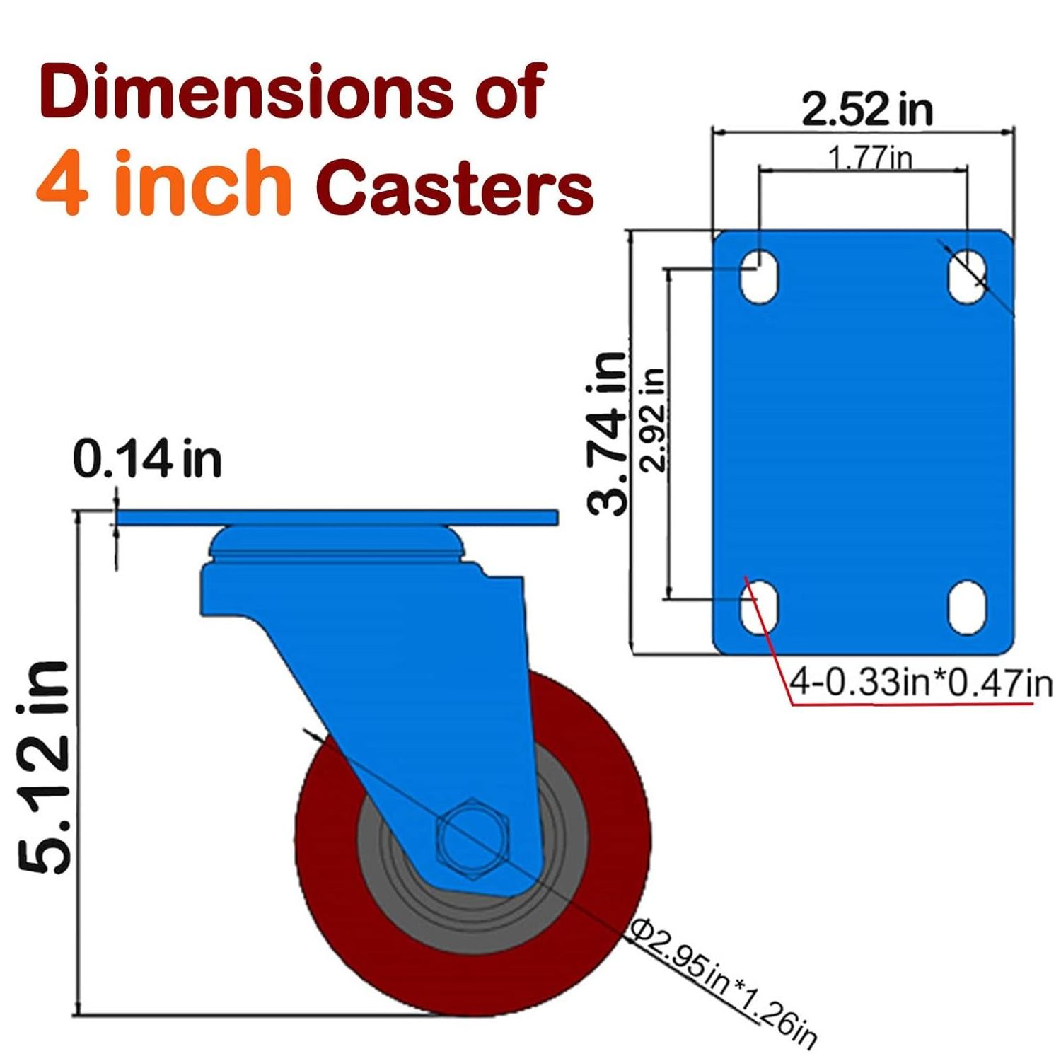 4 inch Heavy Duty Casters Lockable Bearing Plate Caster Wheels with Brake 360-degree Swivel Casters for Furniture,Workbench.Cart