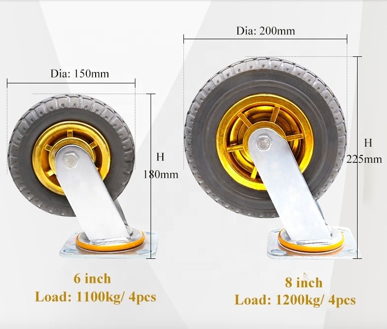 8 inch 500kg Heavy Duty Pneumatic Gray High Elastic Rubber Casters Heavy Duty Industry Casters Wheels