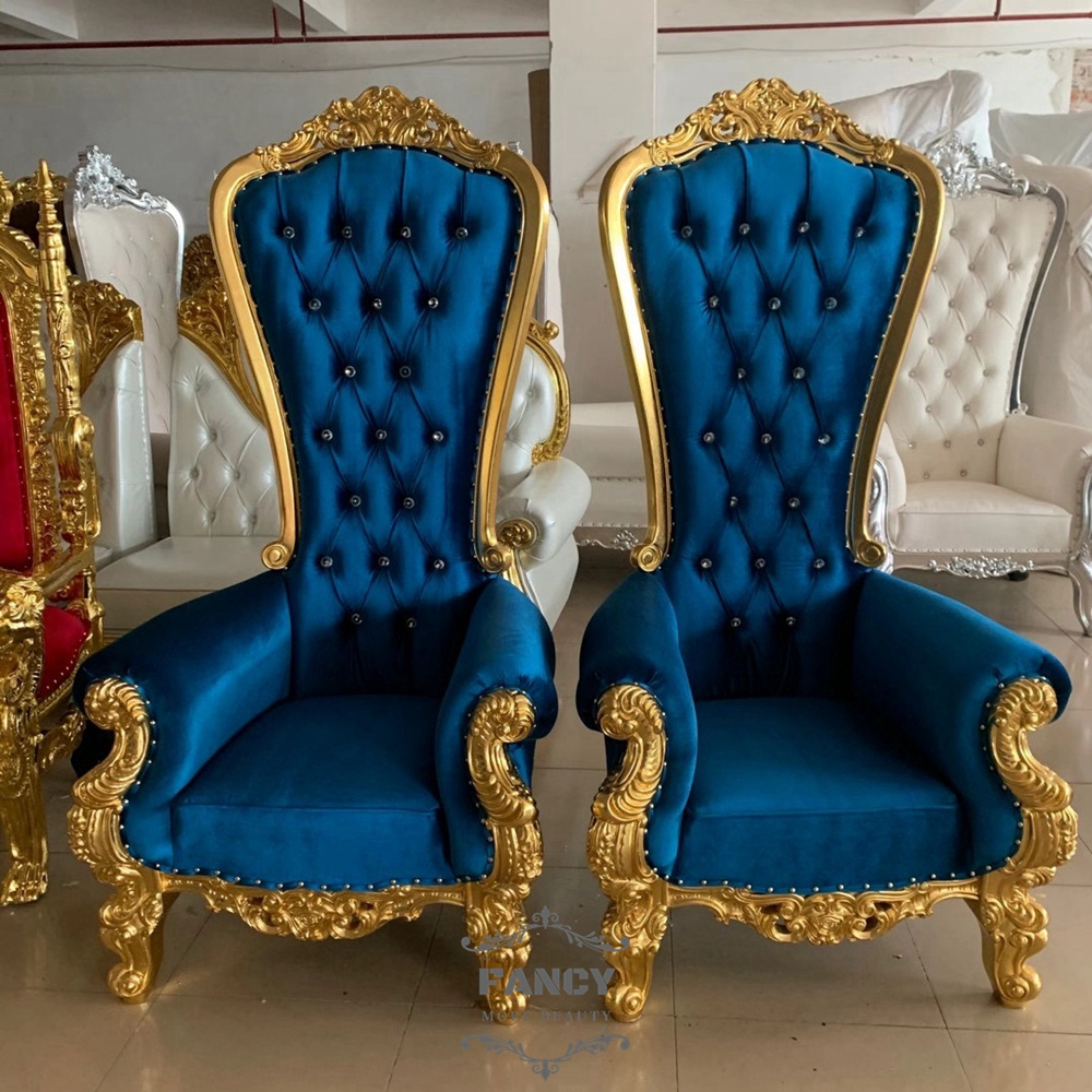 Blue Wedding King Or Queen Royal Wholesale Chairs Upholstery Fabric Wood Throne Chair