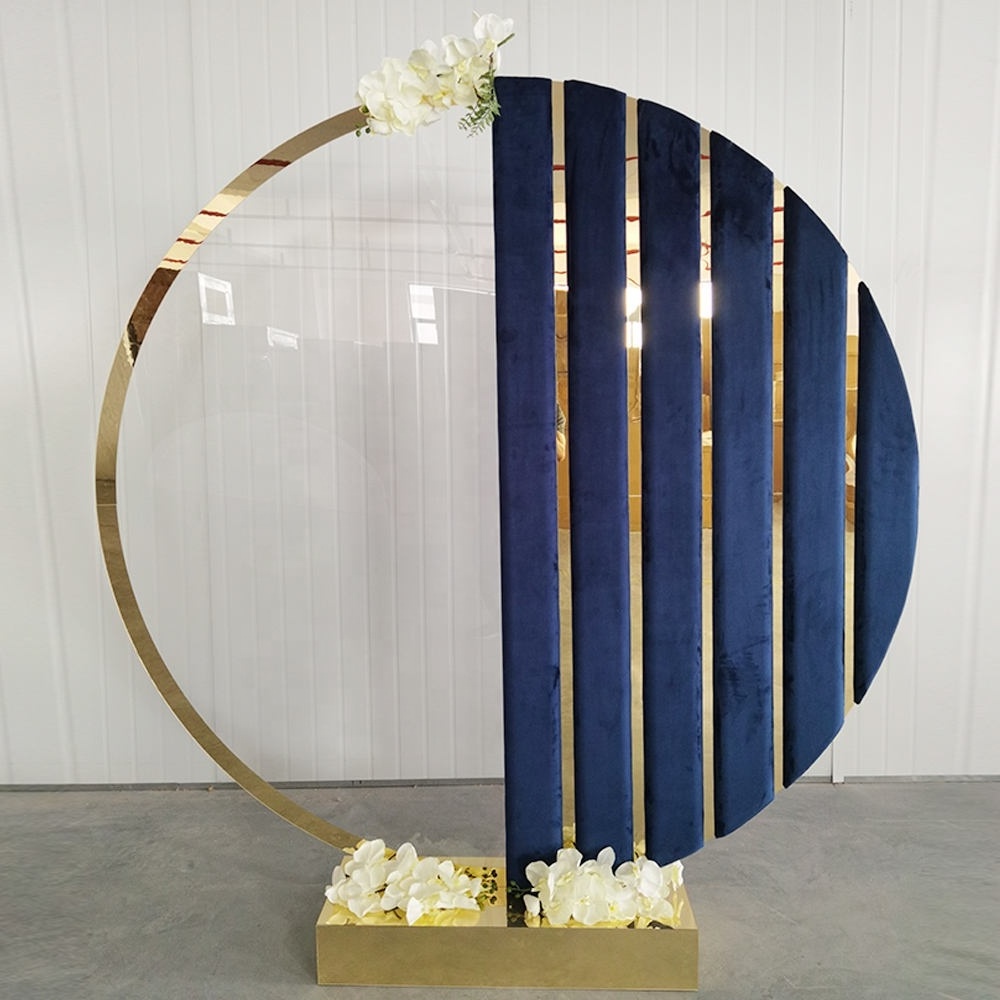 Wedding Velvet Acrylic Round Flower Balloon Stand Gold Circle Arch Blue Velvet Round Backdrop