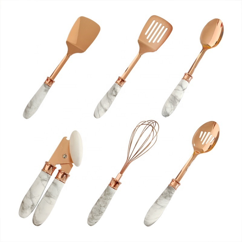 New arrivals 2021 marble coated handle rose gold stainless steel kitchen cooking tools utensils set